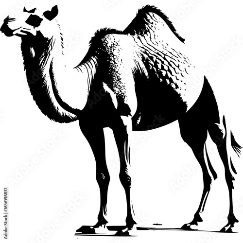 Camel Silhouette: A striking monochrome depiction of a stately camel, showcasing its distinctive silhouette in bold contrast, offering a timeless aesthetic suitable for a variety of applications.