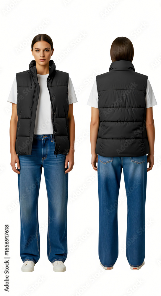 Obraz premium Black Puffer Vest Fashion: Front and Back View