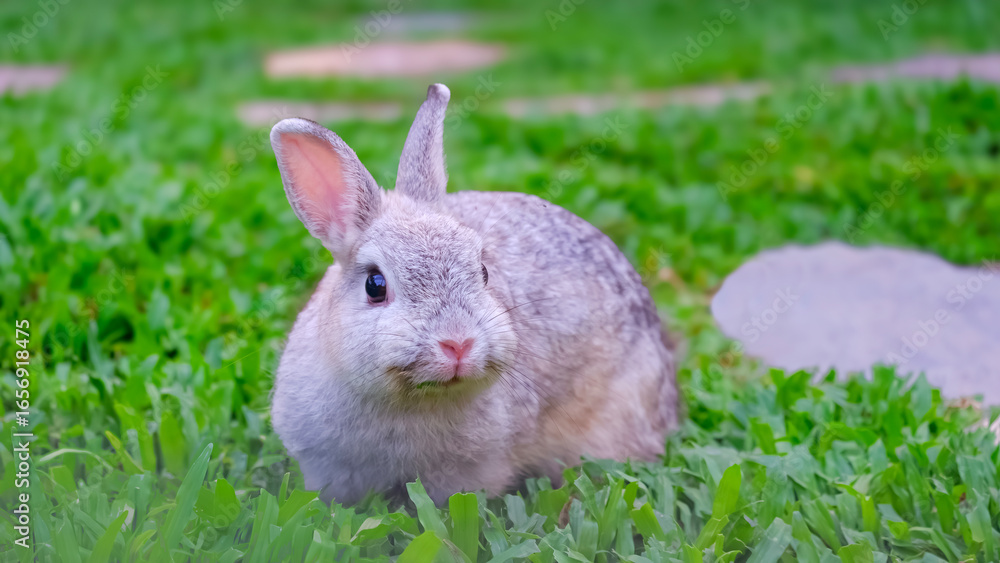 Fototapeta premium Gray Netherland Dwarf rabbit on grass lawn in a farm, adorable pet portrait