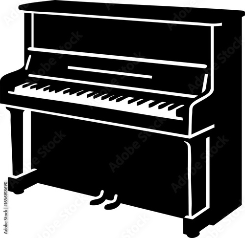 Wall piano silhouette with upright body, vertical frame, and keyboard layout.