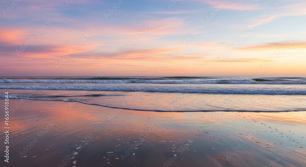 Fototapeta premium Gentle sunset over beach, soft colors reflected in water