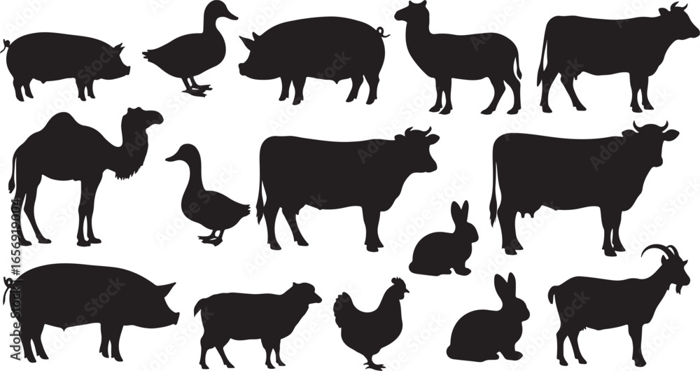Fototapeta premium Diverse Collection of Farm and Domestic Animal Silhouettes on White Background farm animals