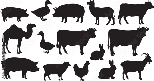 Diverse Collection of Farm and Domestic Animal Silhouettes on White Background farm animals