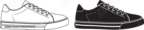 Black and White Outline and Silhouette of a Sneaker Shoe on White Background footwear