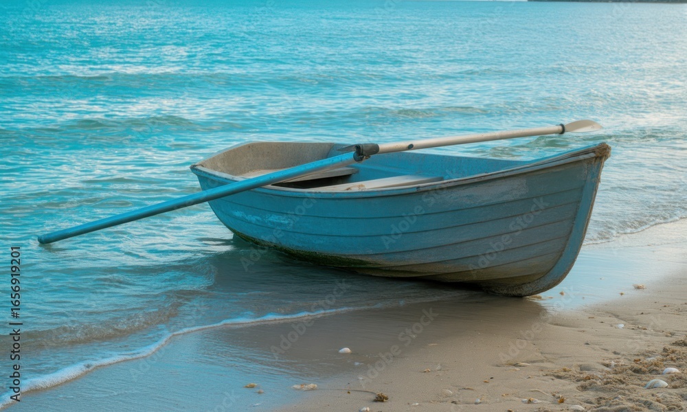 Fototapeta premium Gray rowboat on sandy beach, turquoise water