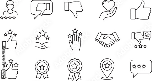 Collection of Black Outline Icons for Customer Feedback and Ratings review