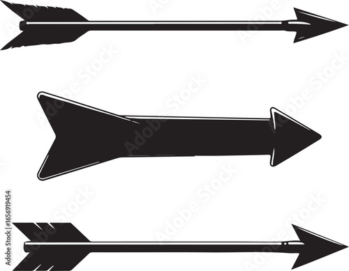 Three black silhouette arrowheads with feathered fletching on white background arrows