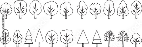 Outline drawings of various deciduous and coniferous trees on white illustration graphic