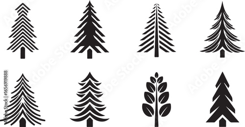 Set of Stylized Black Silhouette Pine and Fir Trees with Geometric Patterns pine tree