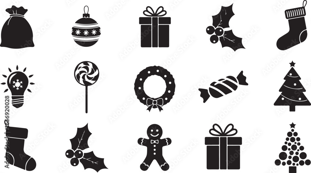 Naklejka premium Christmas Icons Silhouette Including Gift Bag Tree Stocking Holly Wreath Candy Lightbulb