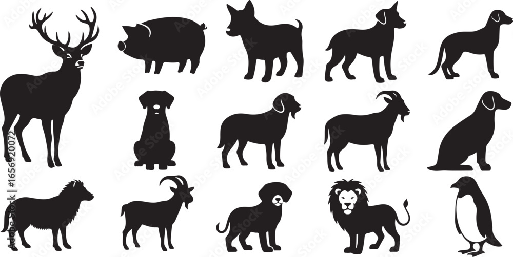 Naklejka premium Diverse collection of animal silhouettes including deer pig dog goat lion penguin