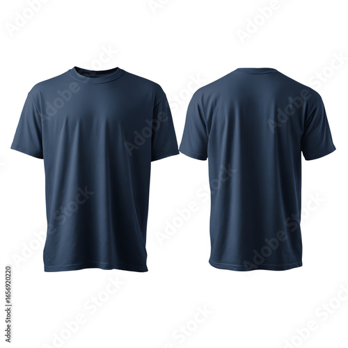 Front and Back Navy Blue T-Shirt Mockup – Blank Round Neck Tee Template – Isolate on Transparent White Background