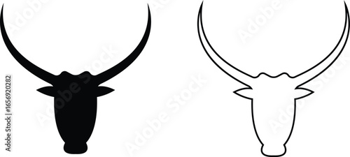 Bull head icon set, black silhouette and outline vector collection of cattle, ox, buffalo, and cow skulls with horns, animal head logo, ranch, farm, rodeo, mascot and tattoo design bundle