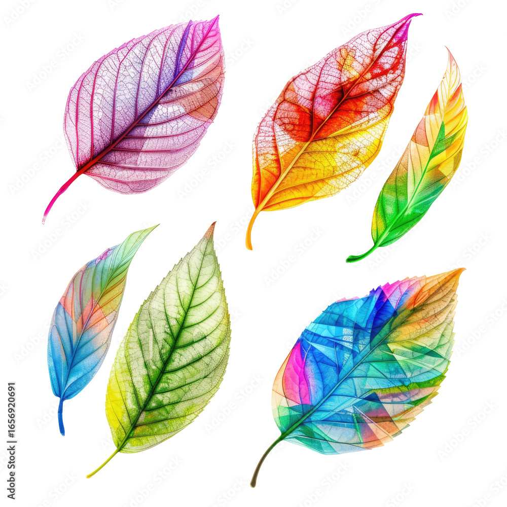 Fototapeta premium and keyword list based on the image you sent.. Colorful Leaves, Displayed Abstract, Geometric Designs, Isolated on Black Background.
