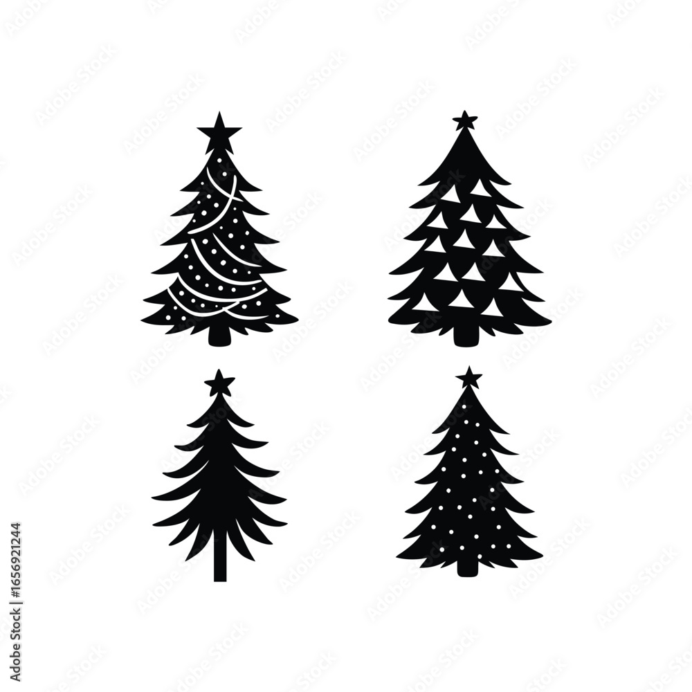 Obraz premium Green evergreen Christmas trees set decorated with pine cones and snow for a festive winter holiday season illustration