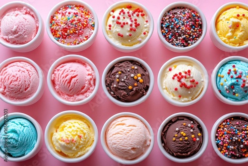 Overhead view shows ice cream scoops with various toppings in white bowls. Use this for menus, food blogs, ads, or social media posts.