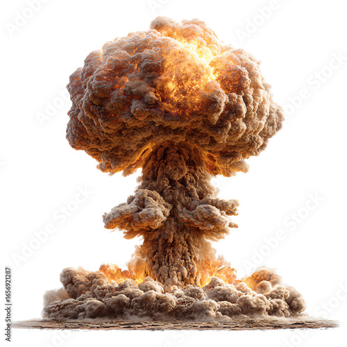 Atomic Bomb Blast with Fiery Mushroom Cloud – Apocalyptic Explosion Scene – Isolate on Transparent White Background