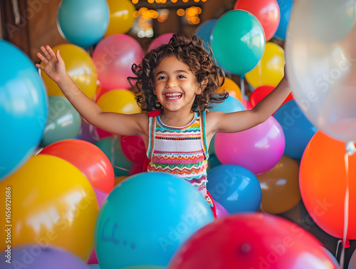 Girl laughing surrounded by balloons
