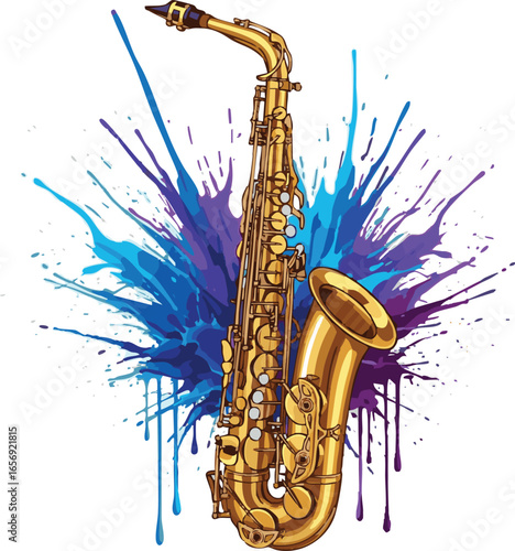 Isolated need kinds of Gold Saxophone with Blue and Purple Color Splash on white Background vector whit background