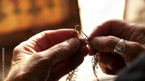 Hands crafting intricate lace