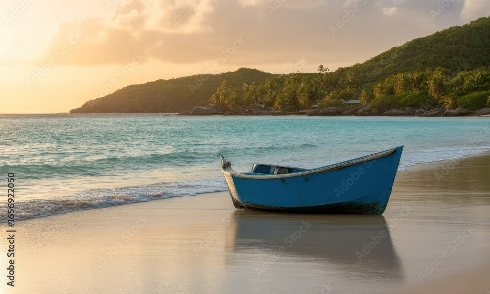 Naklejka premium Tranquil sunset beach scene with a blue boat
