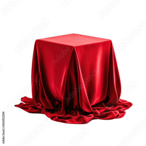 Red cloth is draped over a square object, creating a sense of mystery
