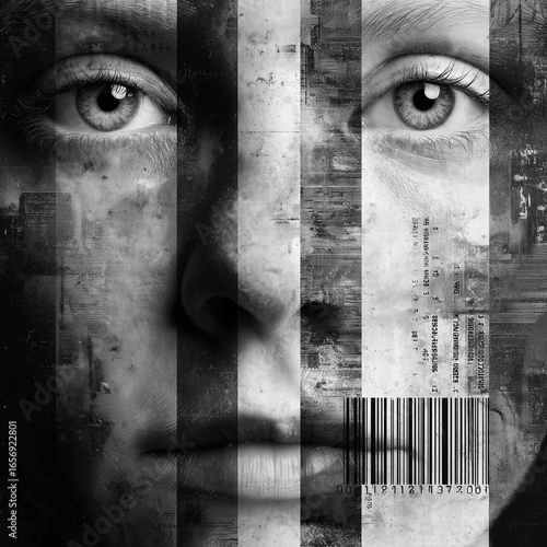 A person's face covered with a barcode representing human trafficking.