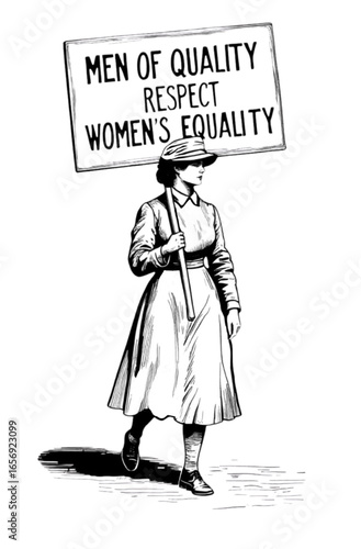 Vintage Suffragette Illustration of Woman Holding Sign on Men Respecting Women.  Protester marching with sign that reads, “Men of Quality Respect Women’s Equality.”
