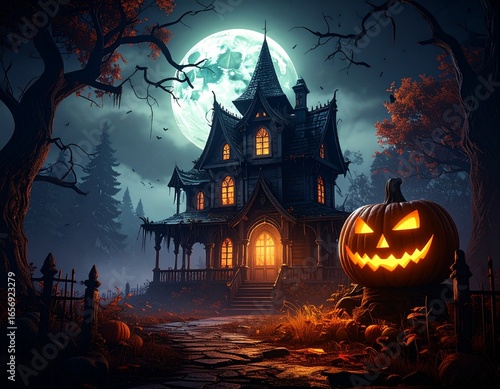 Dark Halloween scene of a haunted house with jack-o’-lantern pumpkins glowing against a spooky full moon. Atmospheric seasonal illustration for eerie, festive holiday designs and horror backdrops.