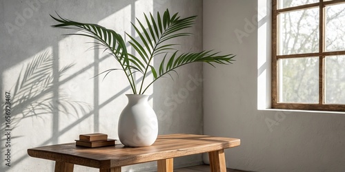 Minimalist Palm Arrangement White Vase, Wooden Table, Sunlit Corner, Interior Design,Home Decor Home Decor, Interior Design