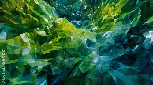 Abstract polygonal landscape evokes futuristic natural terrain in shades of green teal yellow