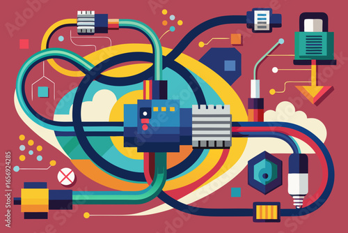 Dynamic abstract network of colorful cables and futuristic components symbolizing data flow connectivity and modern technology integration in a vibrant design