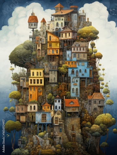An imaginative illustration of a colorful village built on a hillside, surrounded by trees and clouds.