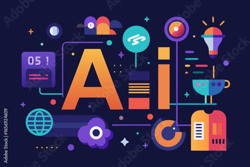 Vibrant AI concept art with futuristic icons and bold typography igniting innovation and technological progress.