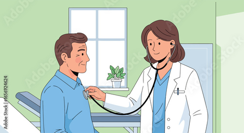 Flat vector illustration of a female doctor examining a patient with a stethoscope in a clinic or hospital room. Ideal for medical checkups and healthcare
