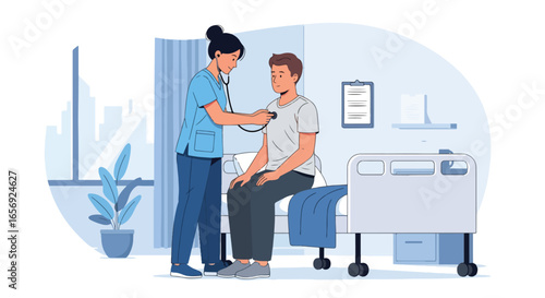 Flat vector illustration of a female doctor examining a patient with a stethoscope in a clinic or hospital room. Ideal for medical checkups and healthcare