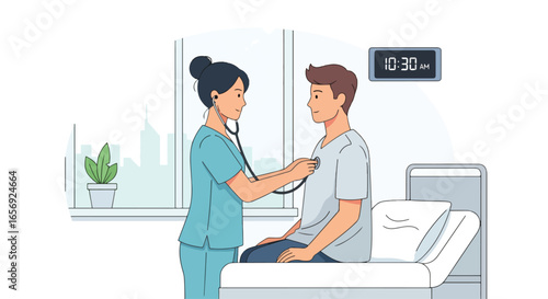 Flat vector illustration of a female doctor examining a patient with a stethoscope in a clinic or hospital room. Ideal for medical checkups and healthcare
