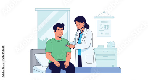 Flat vector illustration of a female doctor examining a patient with a stethoscope in a clinic or hospital room. Ideal for medical checkups and healthcare