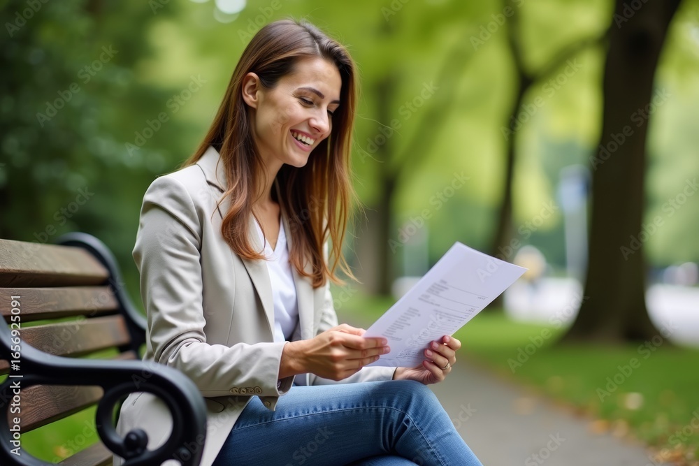 Obraz premium A young financial advisor and her client review an invoice in a peaceful park setting