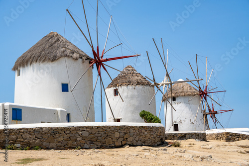 Venetian windmills, built in 16th century, are a scenic landmark in Mykonos Town, Greece 
