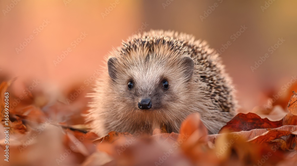 Fototapeta premium A small hedgehog nestled amongst autumn leaves.