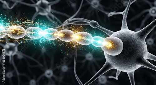 Illustrative neuron transmitting electrical signals along myelinated axon. Perfect for neurology, mental health, science, biotechnology, pharmaceuticals. Conceptual rendering.