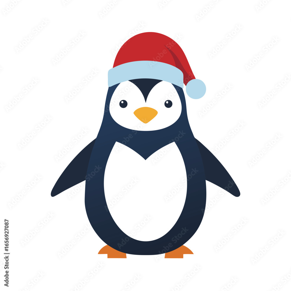 Fototapeta premium A cute penguin in a Santa hat on a plain white background vector illustration