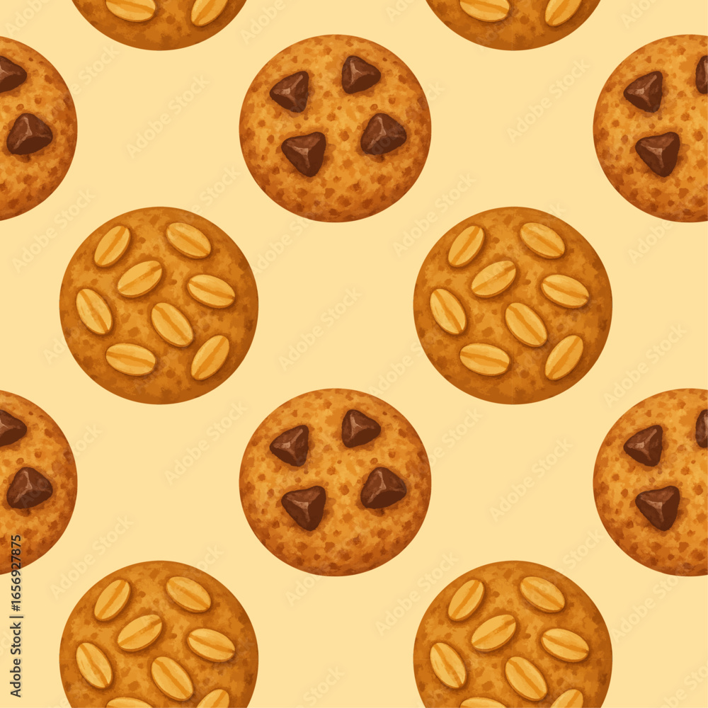 Seamless pattern with chocolate chip cookies and peanut cookies on a light background, ideal for bakery packaging and sweet designs. Seamless pattern with chocolate chip cookies and peanut cookies on a light background, ideal for bakery packaging and sweet designs.