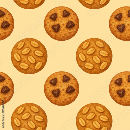 Seamless pattern with chocolate chip cookies and peanut cookies on a light background, ideal for bakery packaging and sweet designs.