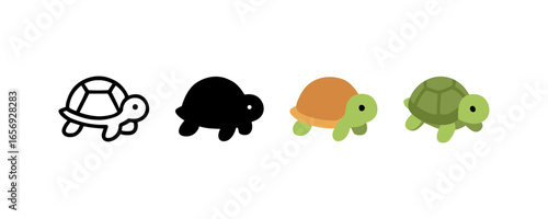 Evolution of turtle icons in various art styles: outline, silhouette, flat, 3d