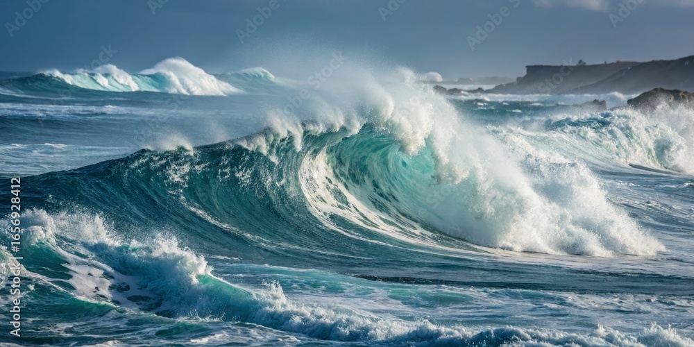 Fototapeta premium Powerful Ocean Wave Crashing on Rocky Coast