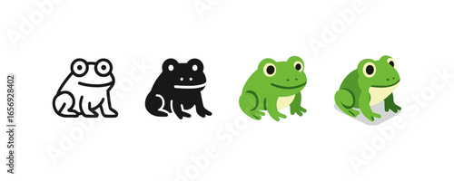Set of frog styles: outline, silhouette, flat, and isometric designs