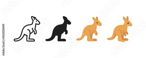 Flat kangaroo icons in diverse styles: outline, silhouette, and colorful designs