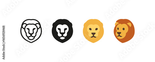 Lion head designs in minimalist and flat styles with various color schemes